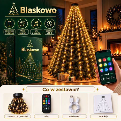 Kaskada Blasku – lampki na choinkę LED z aplikacją i pilotem